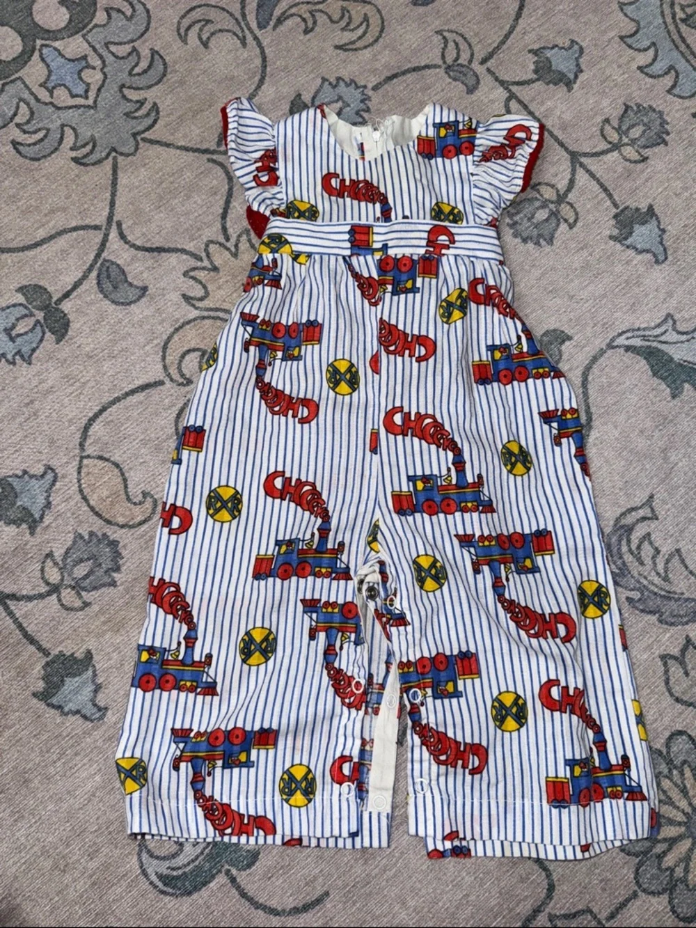 Kids Striped Cotton Romper Red Train Print Handmade Vintage